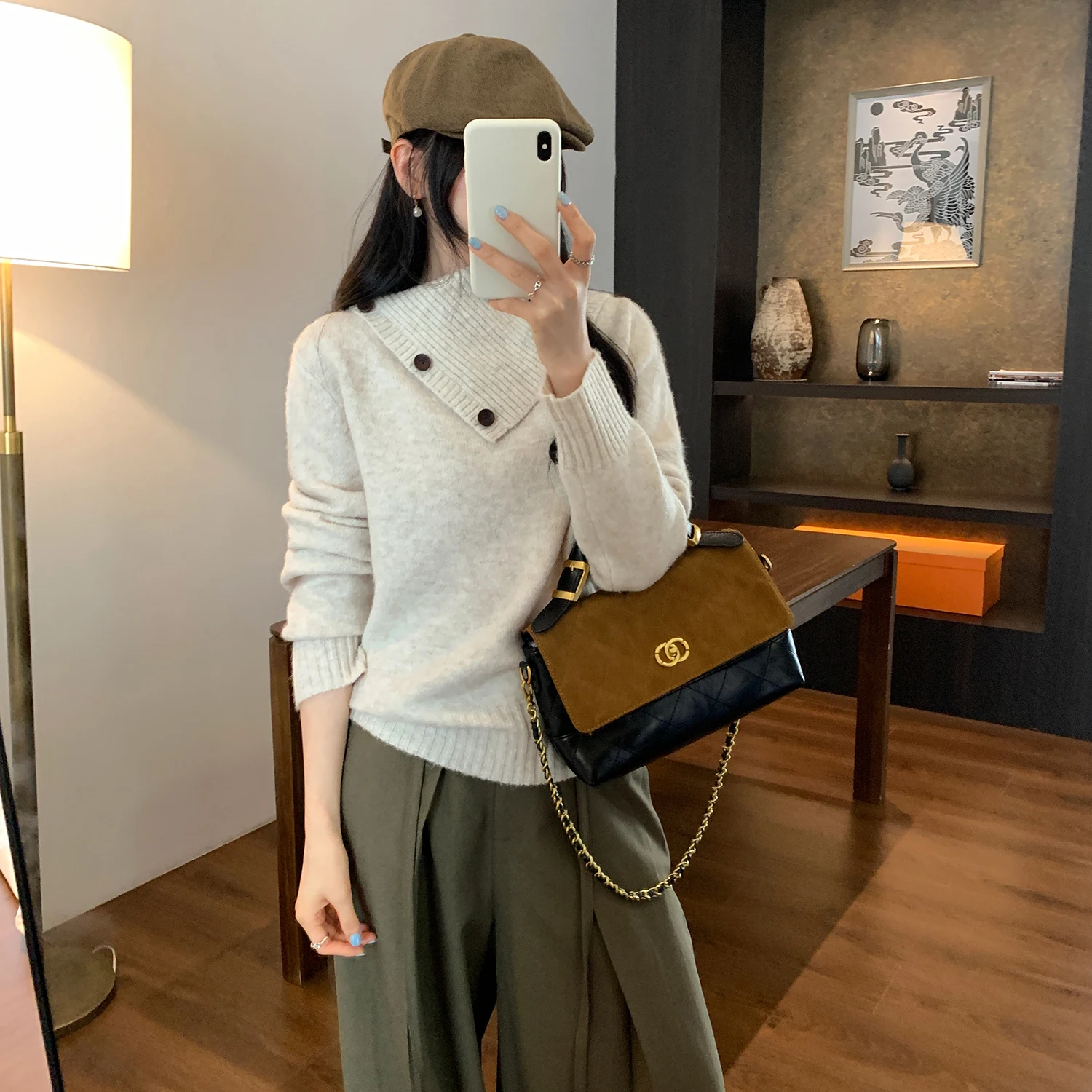 

Y2K Knitted Sweater Women Korean Style Breasted High Neck Long Sleeve Loose Pullover Autumn Winter