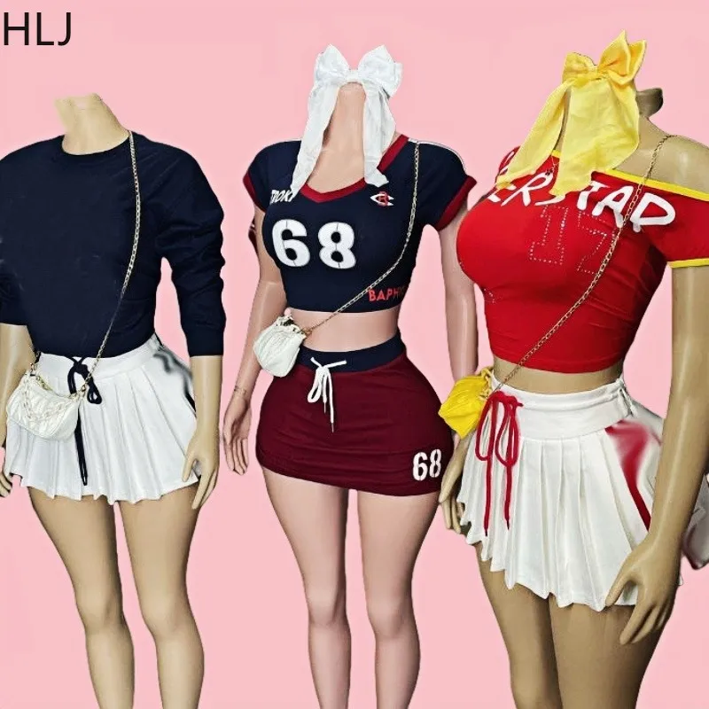 HLJ Fashion Y2K Letter Print Pleated Mini Skirts Two Piece Sets Women V Neck Short Sleeve Crop Top And Skirts Outfits Streetwear