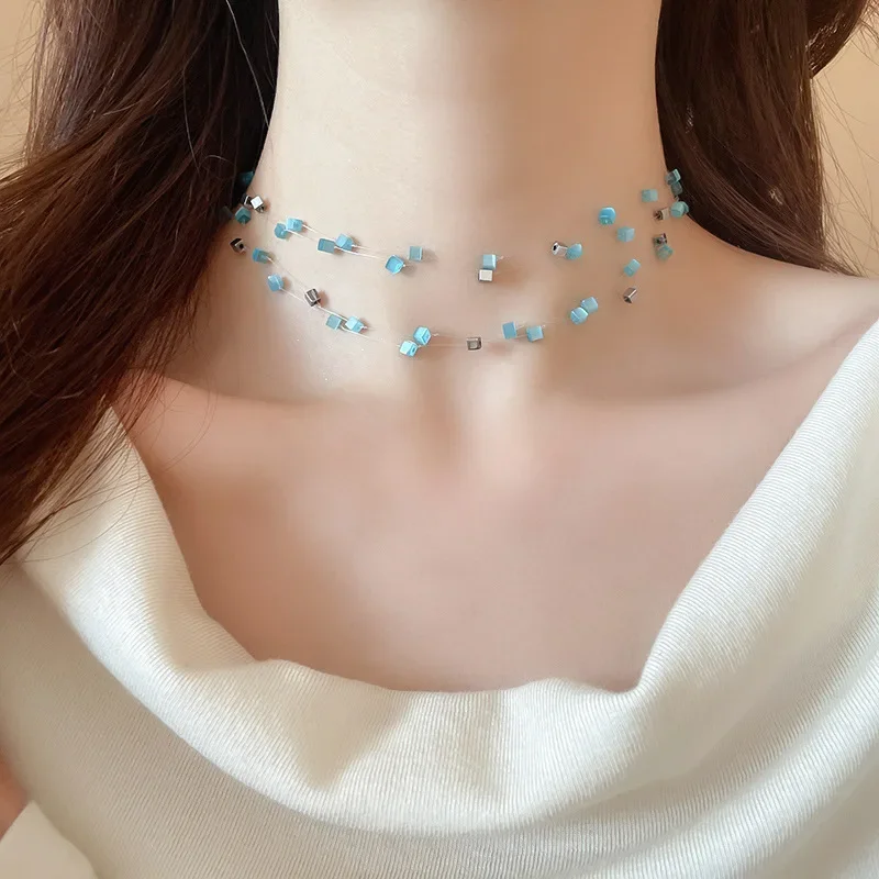 Blue Cat's Eye Stone Necklaces for Women Multi-layer Stackable Chokers Necklace Mori Style Sweet Collarbone Chain Jewelry K