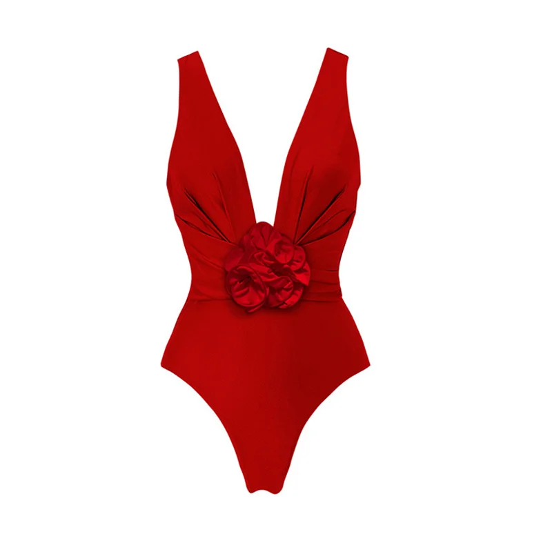 Sexy Swimwear Women 2024 Red  3D Flower One Piece Swimsuit and Skirt Vacation  Bikinis Beachwear Luxury Bathing Suit