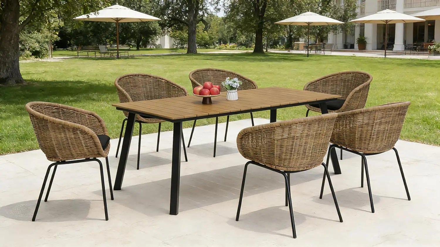 Patio Rattan Dining Set 7-Piece Rectangular Table Curved Armchair Iron Frame Woven Seat Cushion Garden Backyard Deck, Customized