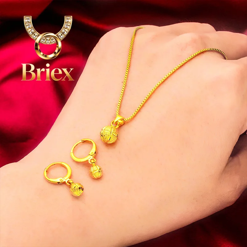 Briex Jewelry 24K Gold AU999 Patterned Bead Earrings-Necklace Set - 3D Patterned Bead Relief + Gradient Gold-Plating, Luxury Vin