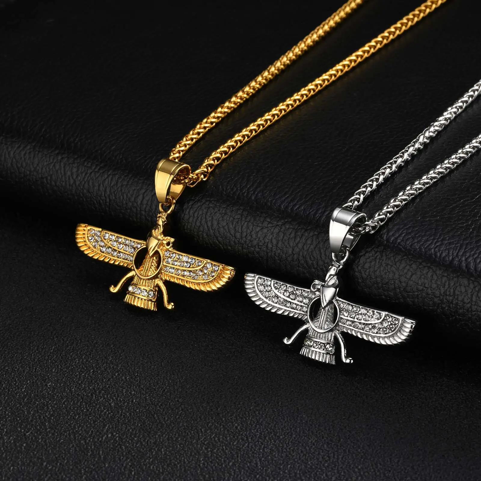 Vnox Iced Faravahar Pendant Stainless Steel Zoroastrian Wing Symbol Rhinestone Amulet 60cm Wheat Chain Hip Hop Necklace for Men