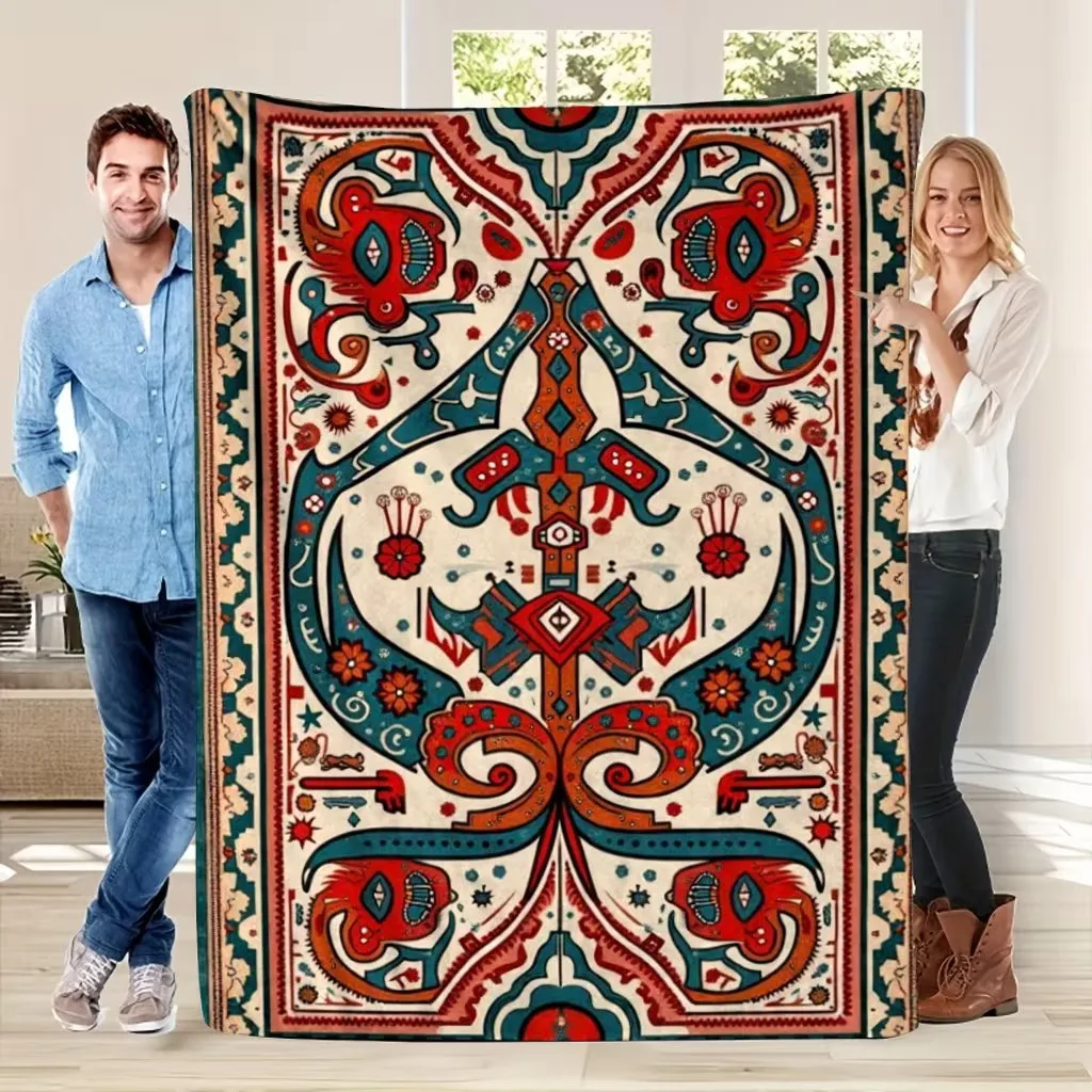 Vintage Tribal Totem Floral Geometric Border Print Flannel Throw Blanket,Light Cozy Couch Cover,Ethnic Decor Gift Adults Bedroom