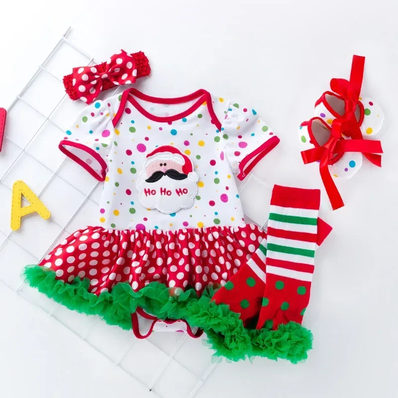 Christmas Baby Clothing Newborn Clothes Set Snow Flower Print Rompers Dress + Headband Shoes Outfits Baby\'s My First X-mas Gifts