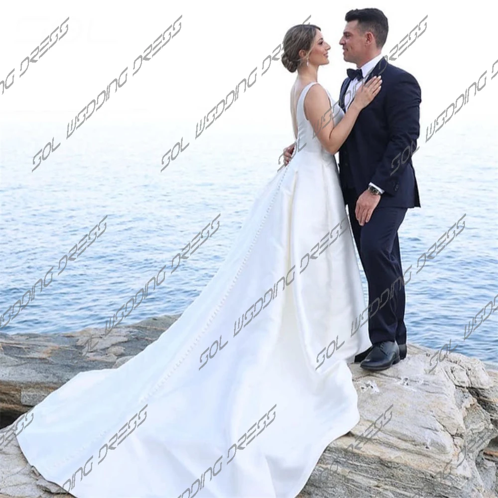 Vestido De Novia De satén con cuello barco para mujer, vestido De Novia sencillo, línea A, espalda abierta, largo hasta el suelo, hecho a medida