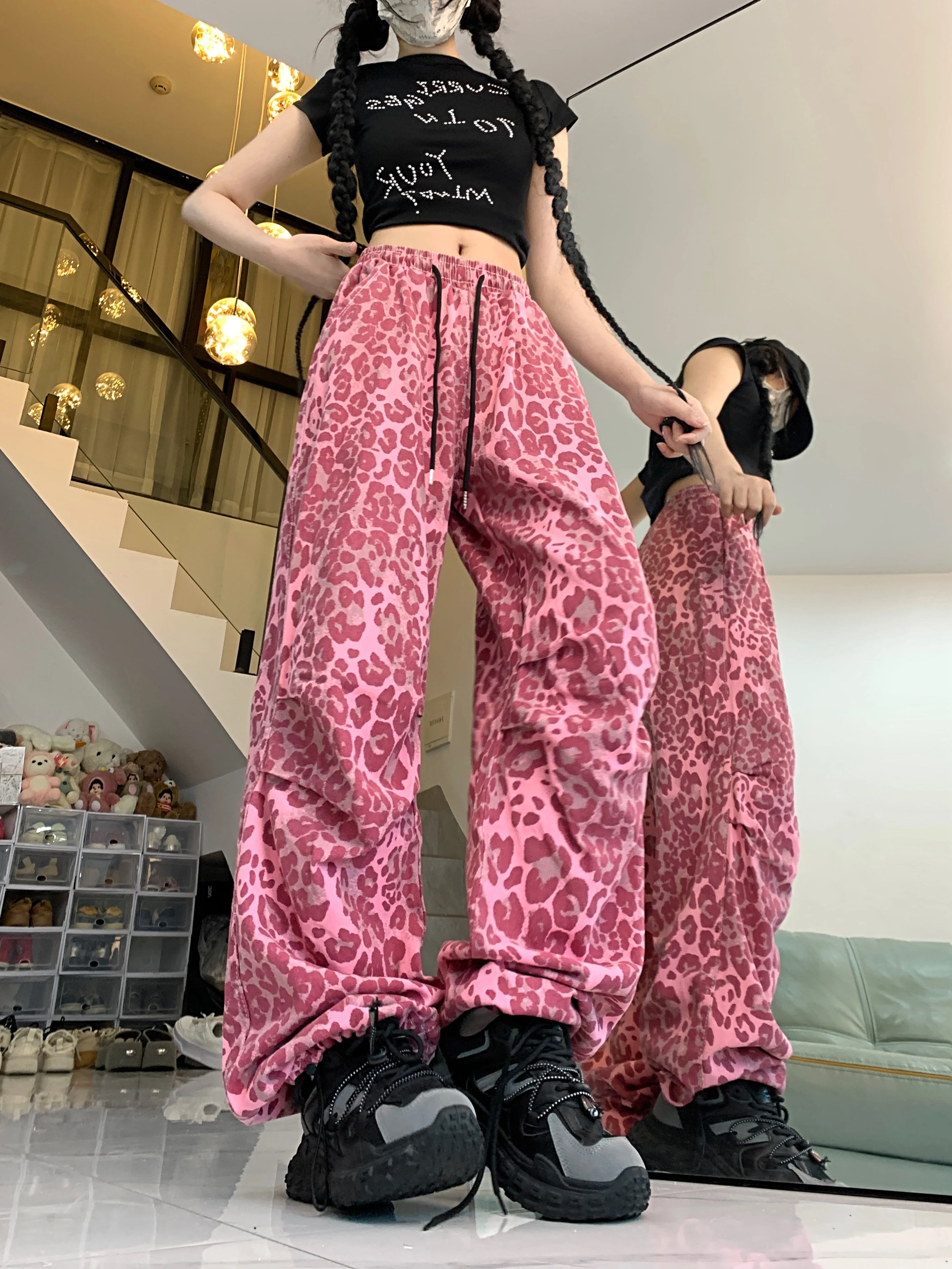 Women\'s Red Leopard Pants Jogger Harajuku Streetwear Sweatpants Loose Pants Y2k Retro 2000s Aesthetic Vintage Trousers Clothes