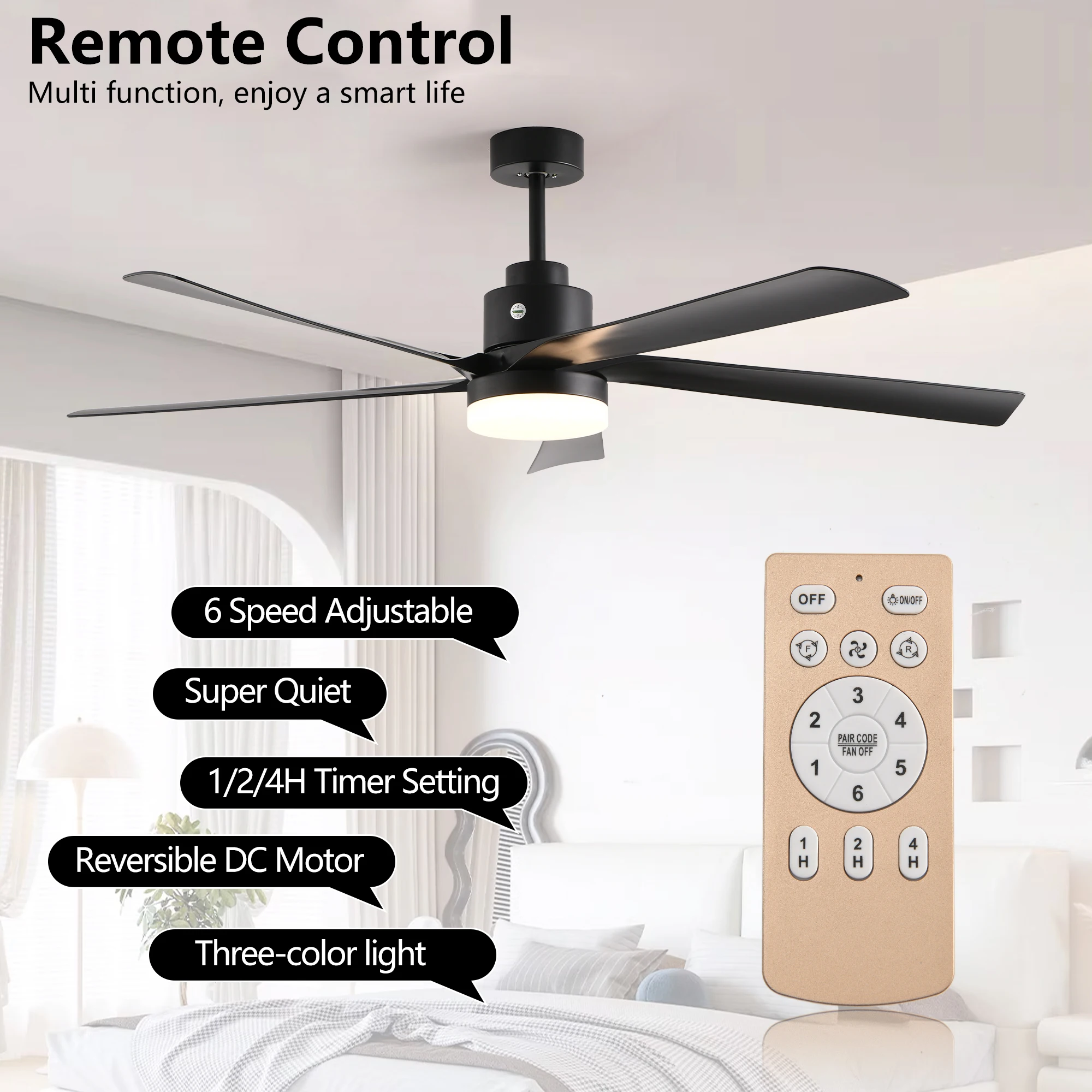 65 Inch Black Ceiling Fan with Light, 5-Blade Dimmable LED Ceiling Fan with Remote Control, Modern Quiet Design