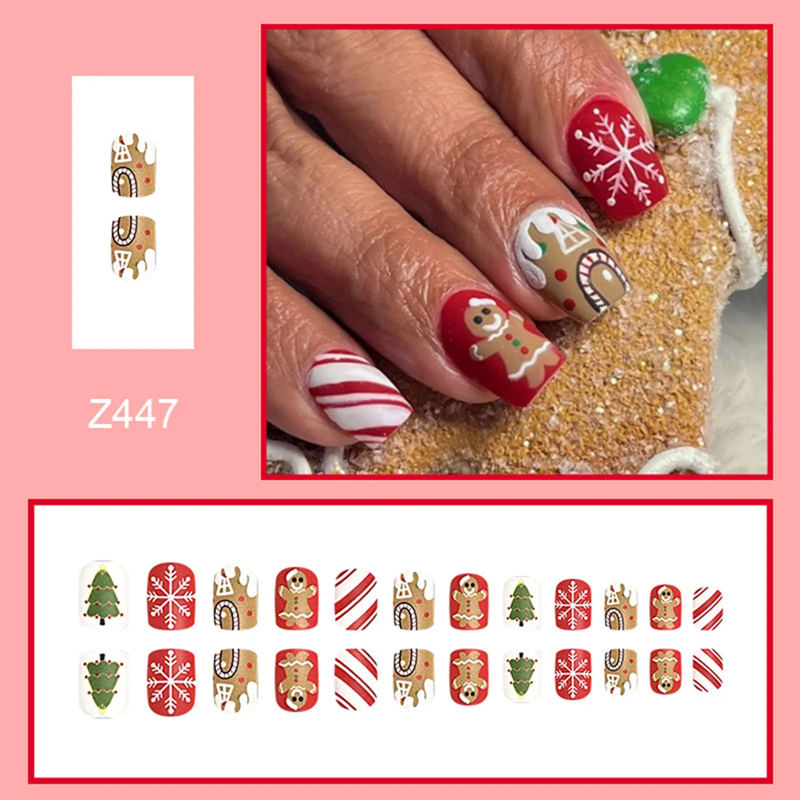 24pcs Woman Press-on Nail Christmas Gingerbread Man Winter Artificial Nail for Beginners Nail Decoration Practice