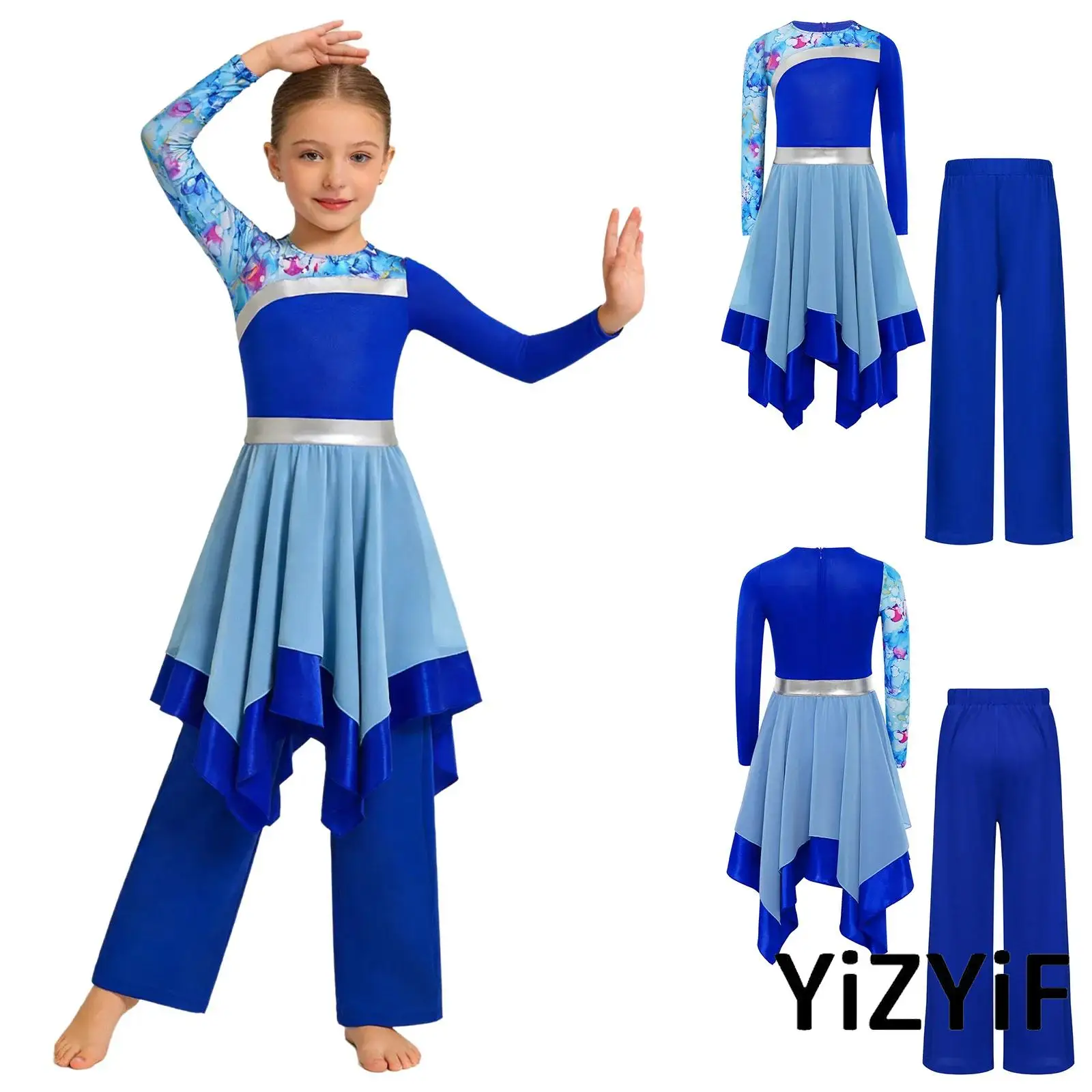 

Kids Girls Worship Praise Dance Outfit Long Sleeve Stylish Printed Patchwork Color Block Ballet Dance Dress with Wide-Leg Pants