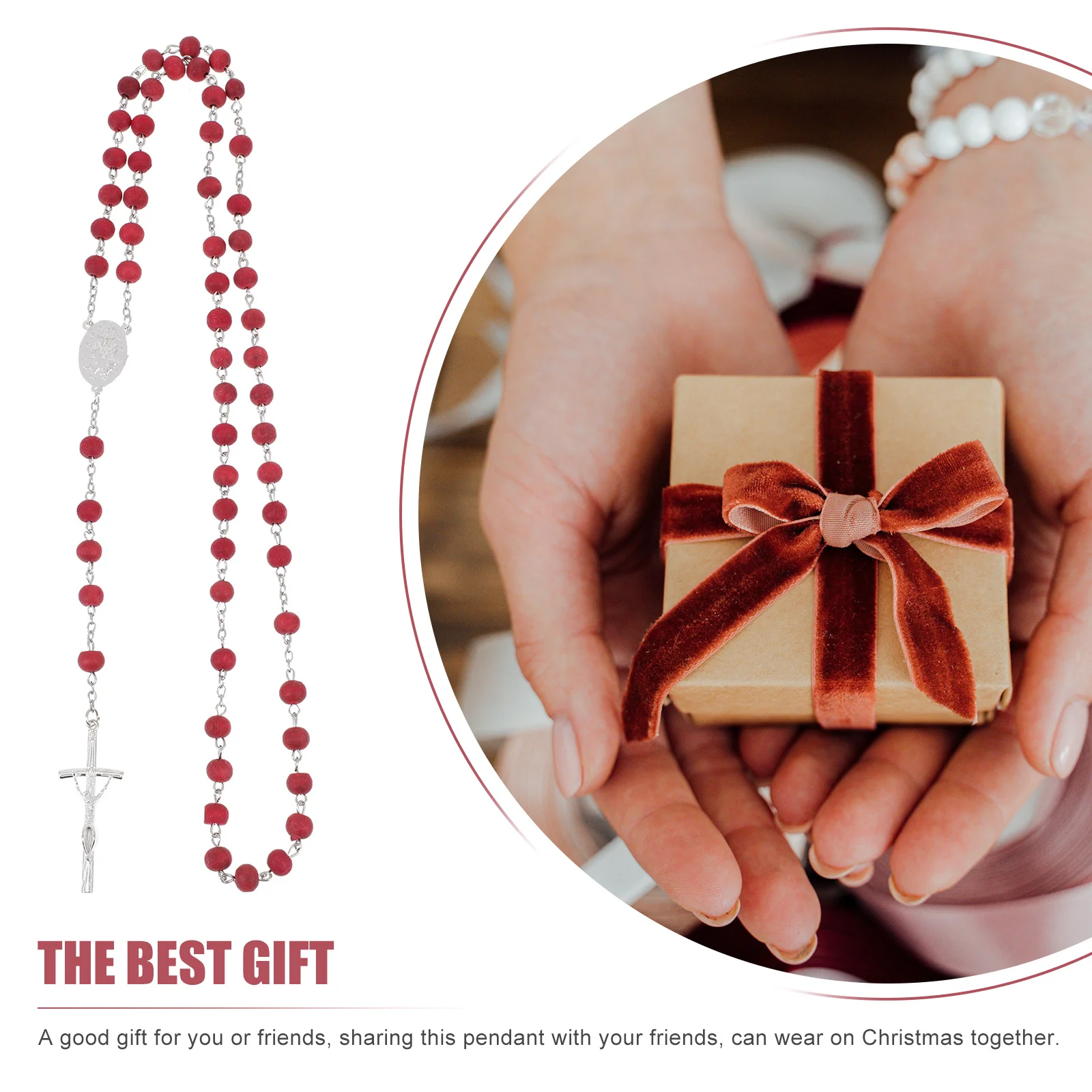 

2Pcs Rosary Bracelet Cross Pendant Wooden Necklace Beaded Chain Amulet Jewelry Gift for Christmas All Matched Wrist Neck Chain