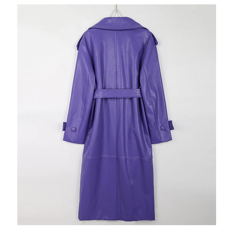 Mauroicardi Spring Long Waterproof Soft Purple Pu Leather Trench Coat for Women Sashes Luxury Elegant Leather Overcoat 2025