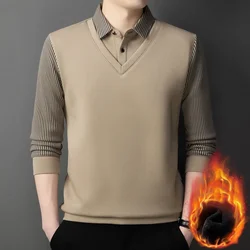 Long Sleeve T-shirt Shirts Winter Fleece Male Lapel Fake Two-piece Striped Regular Fit Thick Plush Warm Knitted Pullover Men Top