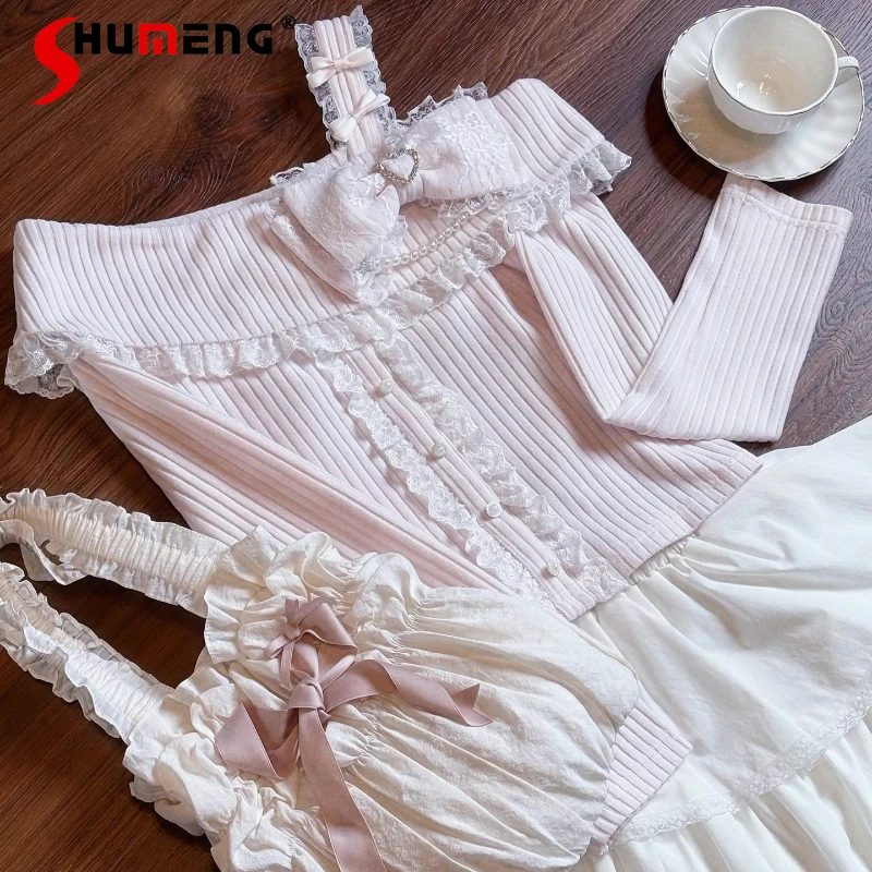 

Autumn Japanese Lolita Original Design Sweet Off-Shoulder Slim Fit Knitted Sweater Slimming Inner Short Sweet Girl Top Pullover