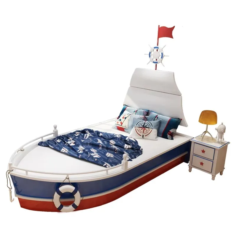 2026 Factory Wholesale All Solid Wood Children'S Bed Boys Single Bed Creative Nautical Boat Type 1.5m Baby Bed With Guardrail