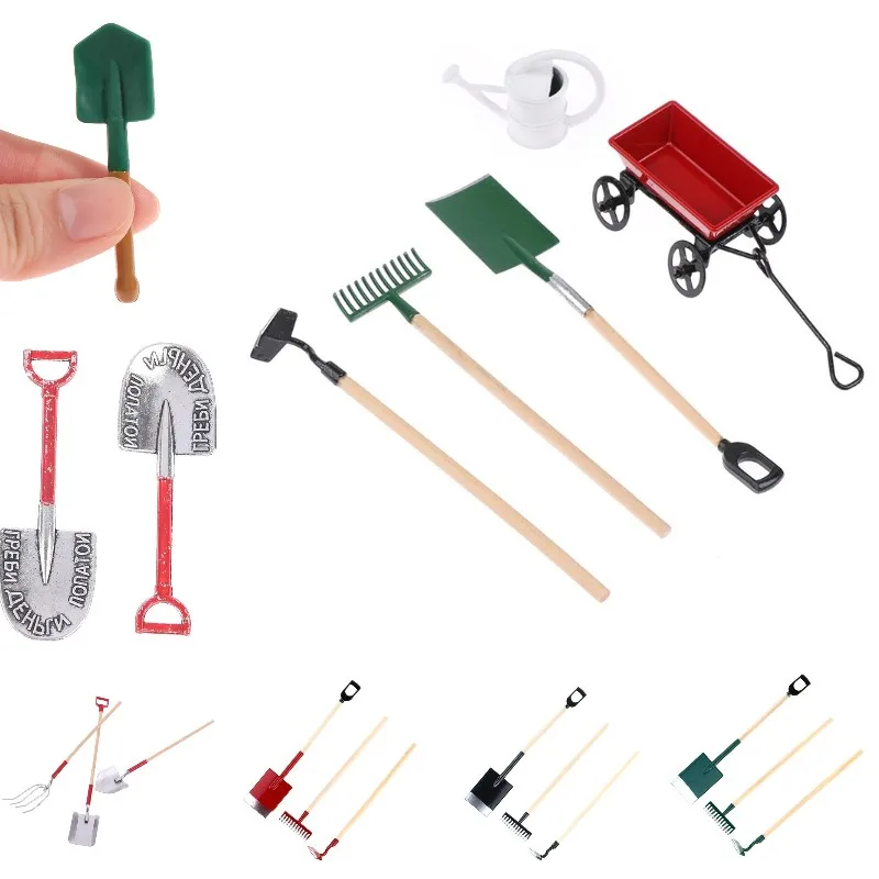 1/12 Dollhouse DIY Miniature Watering Can Pulling Cart Spade Shovel Rake Hoes Garden Farming Tools For Children Pretend Play Toy