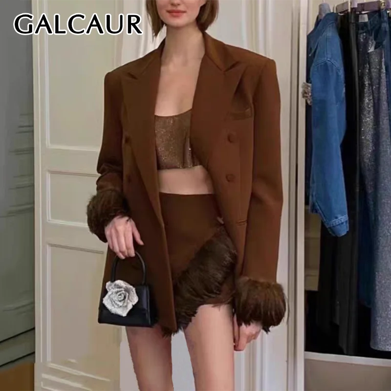 GALCAUR Solid Chic Blazers Women Notched Collar Long Sleeve Patchwork Feathers Double Breasted Design Loose Style Coats Female