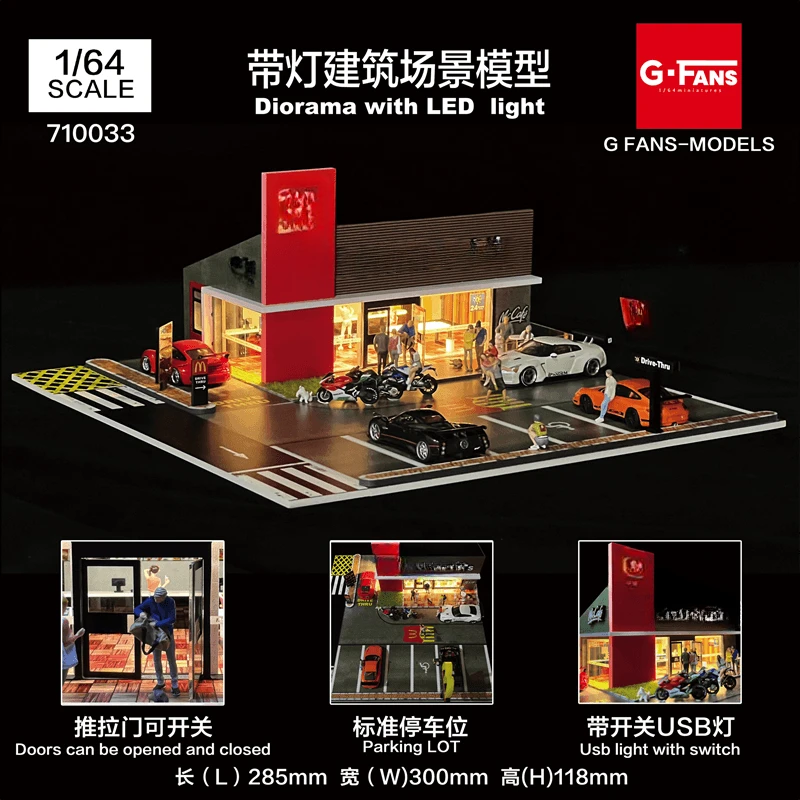 G-FANS 1:64 Led Light Diorama food burger shop scene / LamCenter model Building w/Parking Model diorama