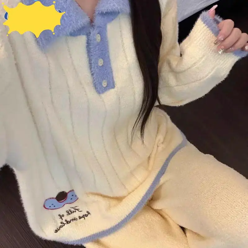 Pijamas de media pila con solapa para mujer, ropa de dormir cómoda y bonita para otoño e invierno, pijama grueso de manga larga, traje para casa de estilo preppy