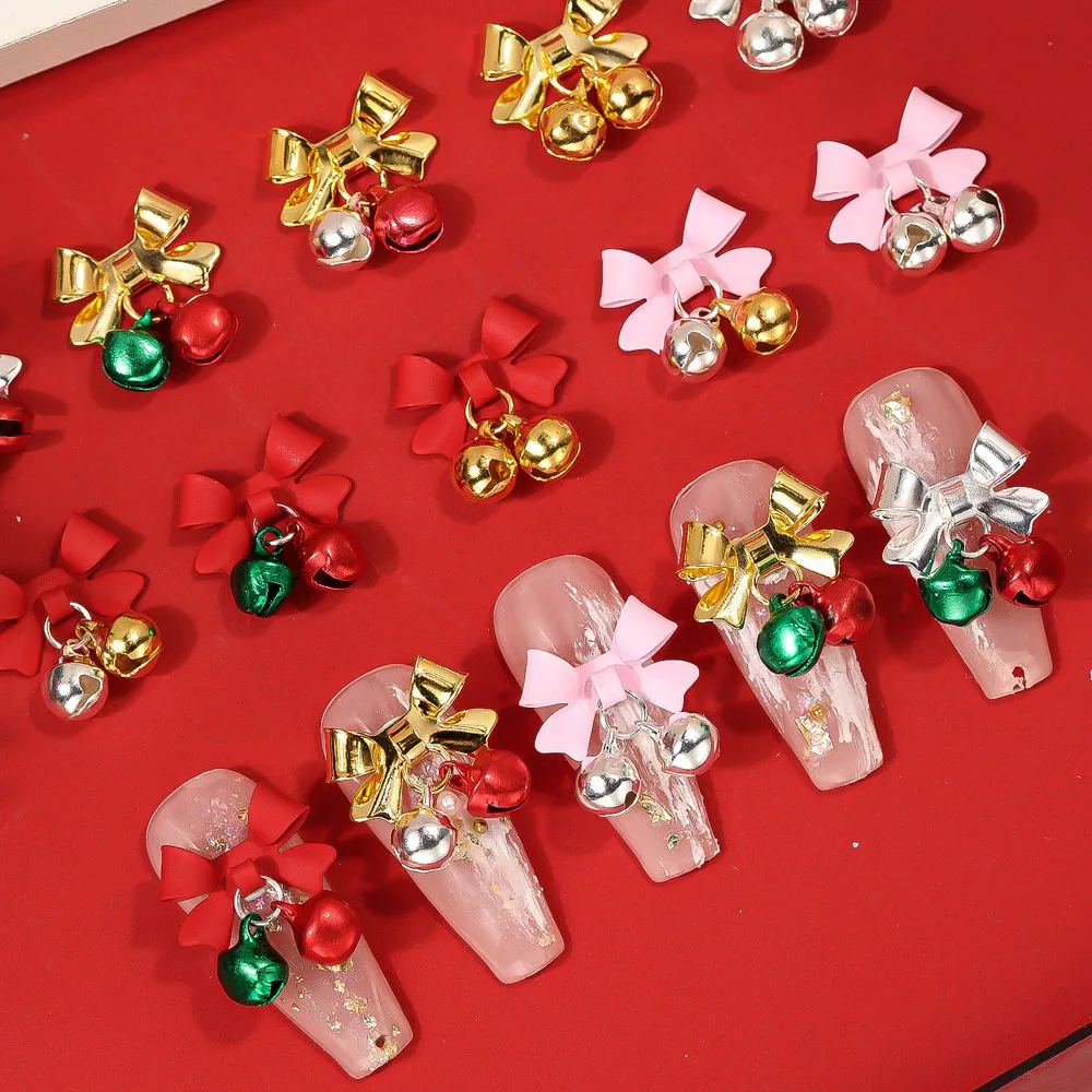 10Pcs Luxury Christmas Bell Nail Chrams 3D Alloy Sliver Gold Bow Pendant Nail Art Decoration Festival Kawaii DIY Nail Supplies