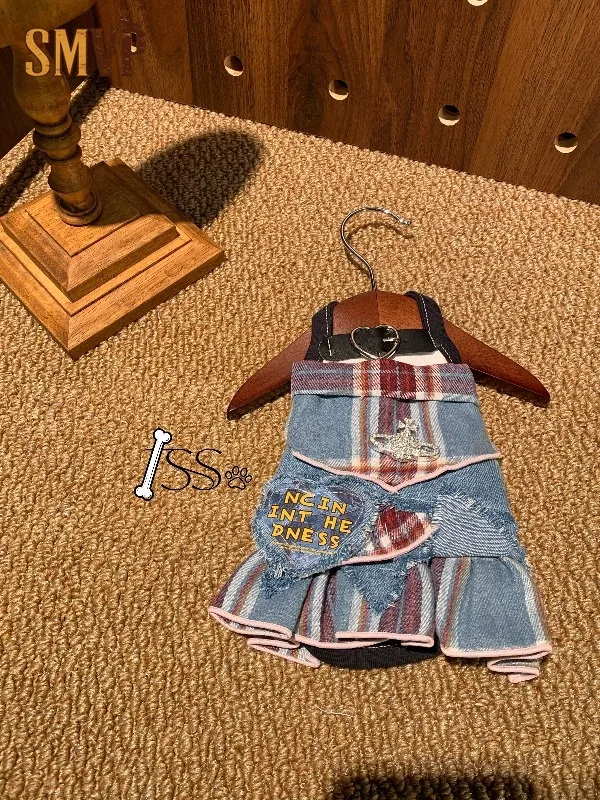 Vintage Sweet Denim Plaid Pet Dress Patchwork Frayed Frill Hem Embroidered Badge Details Adjustable Straps Hand Crafted Costume