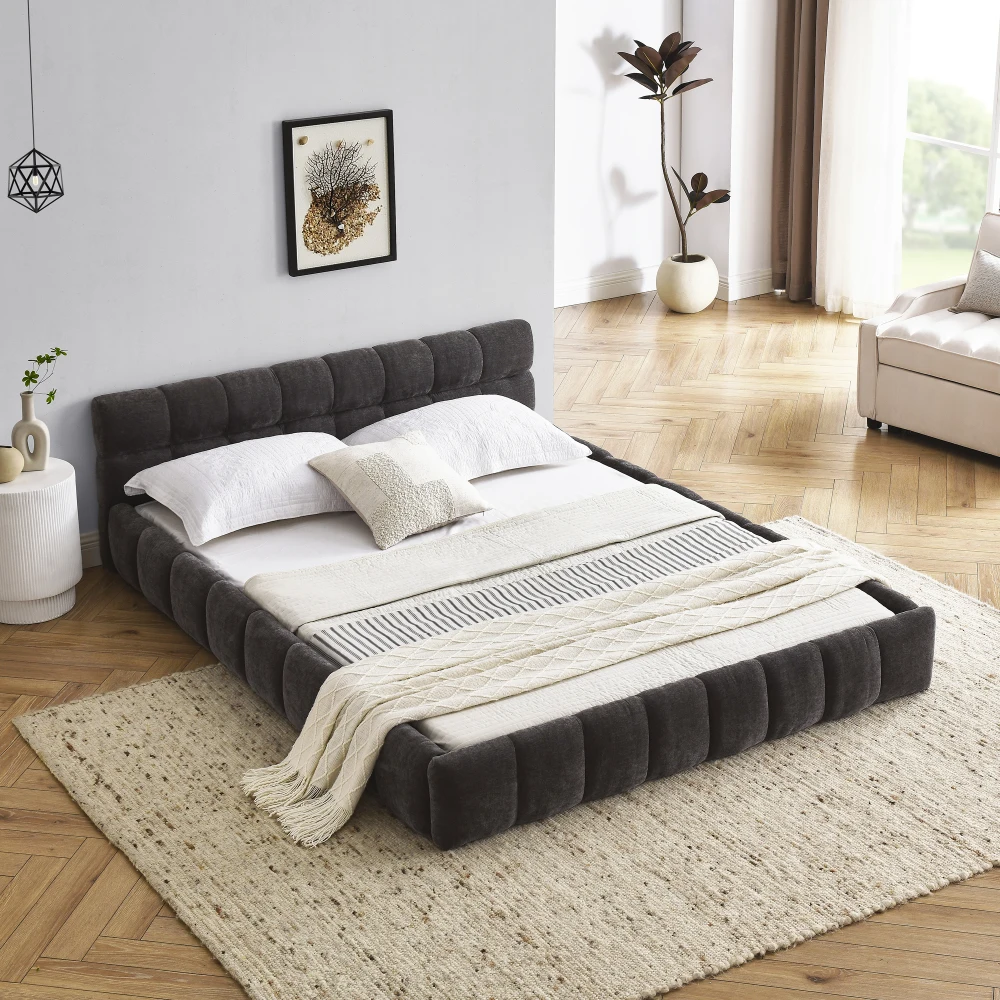 

Queen Size Chenille Platform Bed Frame with Headboard, No Box Spring, Dark Grey(68x86.5x23.5)