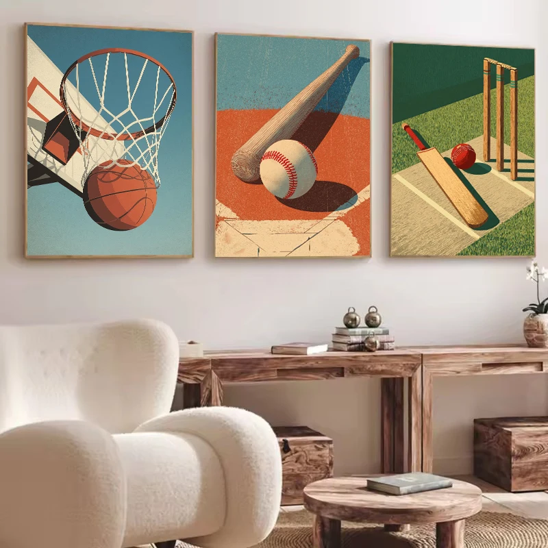 Retro Minimalist Sports Ball&Net Tennis Basketball Soccer Illustration Poster Canvas Painting Wall Art Pictures Home Decor