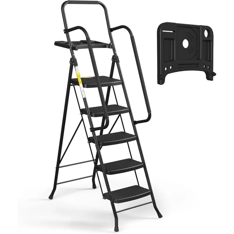 5 Step Ladder with Handrails, Folding Step Stool Portable Steel Ladder for Adults for Home Kitchen Library Office, Black