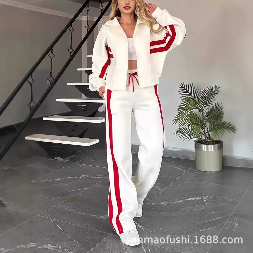 

Women's Long Sleeve Suit 2025 Spring Sports Jacket Y2K Striped Zipper Long Sleeve Top Jacket Casual Pants Sports Suit Women