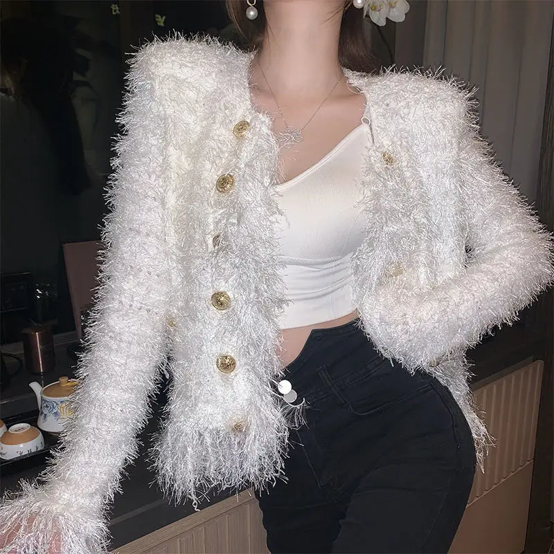 Women\'s White Black V-Neck Tassel Double Breasted Knitted Coat Ladies New Cardigan Autumn Winter 2022 Jacket