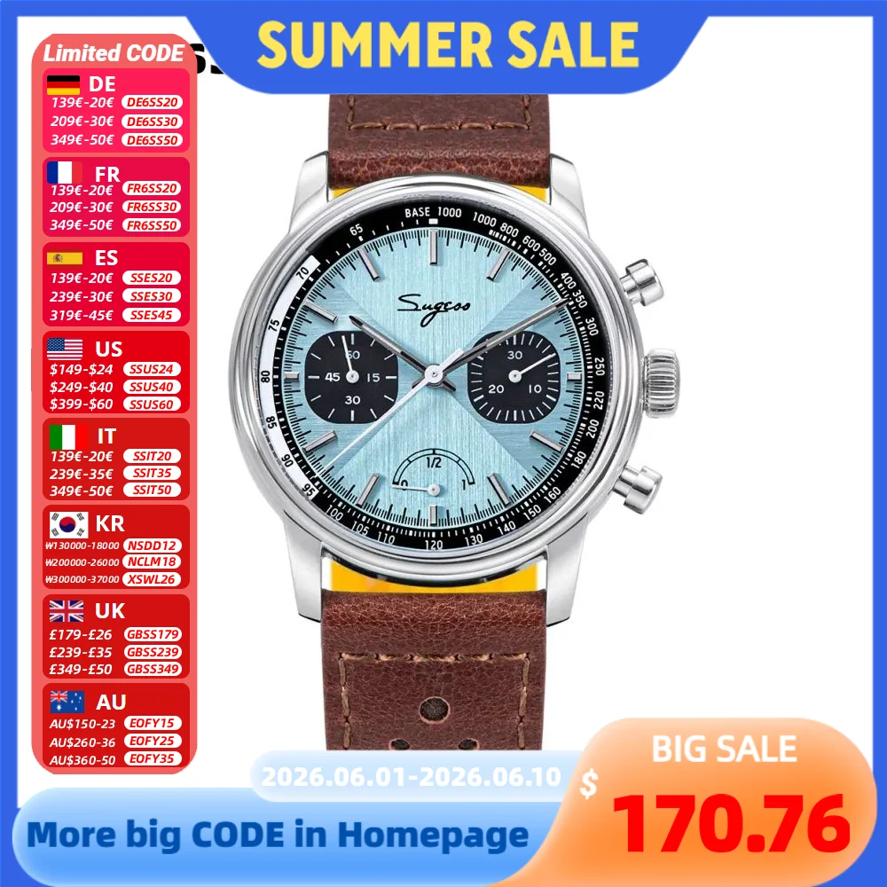 

Sugess Pilot Watch Men ST1906 Movement Handwind Chronograph Wristwatches Sapphire Waterproof Hand Wind PowerReserve Luminous V2