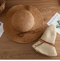 Hand-Woven Wide Brim Straw Hat - Foldable Sun Protection with Decorative Ribbon for Beach, Summer & Gardening, Unisex Outdoor Ac