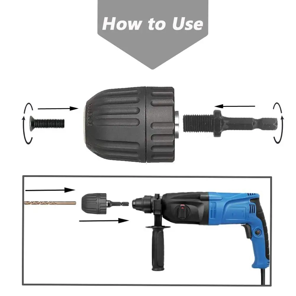 Keyless Drill Chuck 0.8-10mm 3/8-24UNF, Hex Shank/SDS-Plus/Square Quick Grip Adapter, Chuck for Drill Bit Screwdriver Tap&Socket