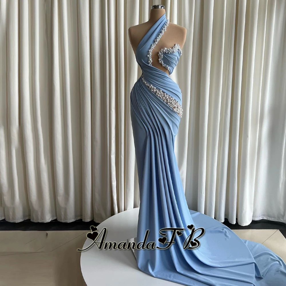 Amanda Fairytale Pearls Evening Dresses for Women Trumpet Satin Sleeveless Formal Party Gown Vestidos De Noche Customized