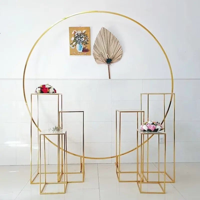 Shiny Gold Plinth Table With Acrylic Trays Circle Flower Arch Wedding Backdrops Floral Display Billboard Display Balloon Rack