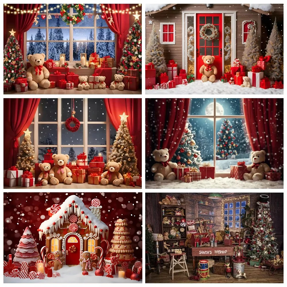 Merry Christmas Photography Background Window Red Curtain Fireplace Xmas Tree Gift Teddy Bear Wood Floor Baby Portrait Backdrop