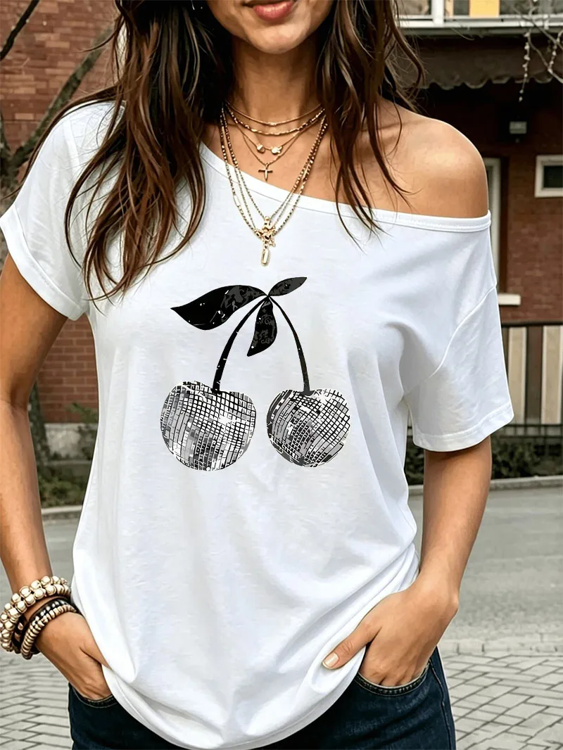Sweet Cherry Print Y2K T-shirt Graphic Tee Shoulder Loose 90s Chic Style Women's T Shirt Short Sleeve Off Shoulder Summer