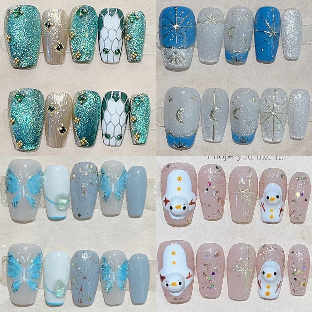 

Vintage Elegant Cat's Eye Handmade Wearable Nails Pure Hand-Painted Flowers Stereo Butterfly Snowman Acrylic Press On Nail