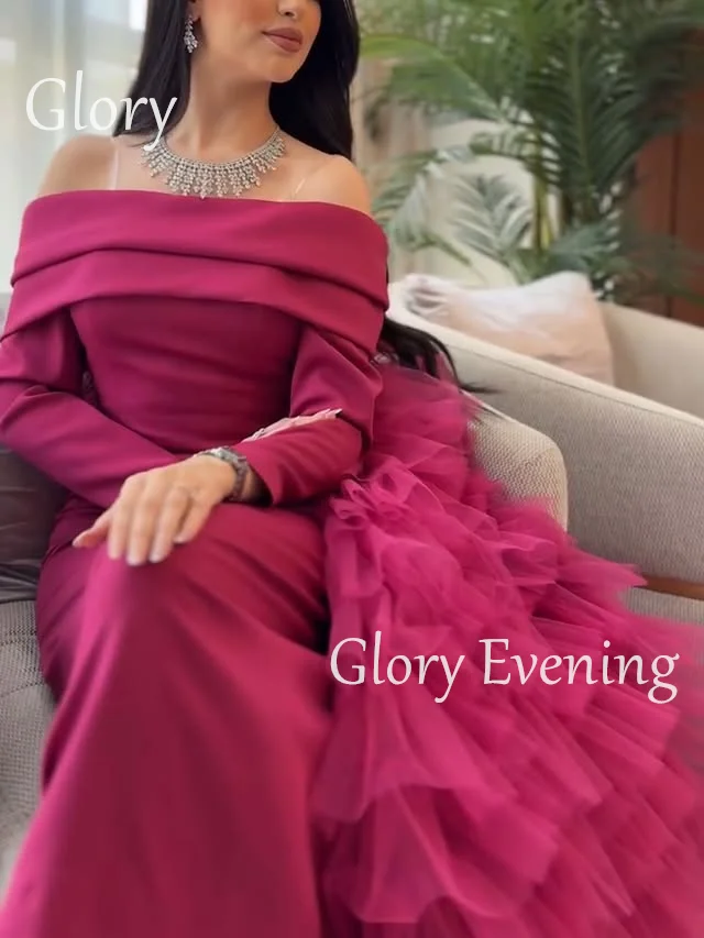 

Pink Tulle Evening Dress Saudi Arabia Prom Dress Satin Long Sleeve Customized Mermaid Square Collar Wedding Party Dress Sharon