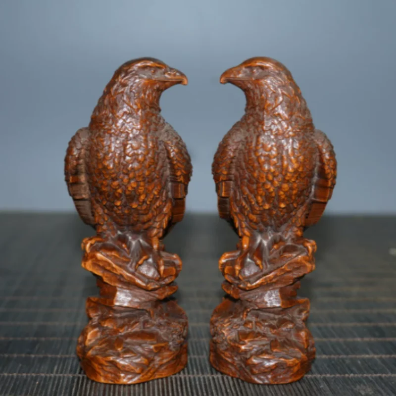 Vintage Yellow Boxwood Eagle Carving a pair - Traditional Chinese Wood Artwork, Study Desk Decor & Collectible