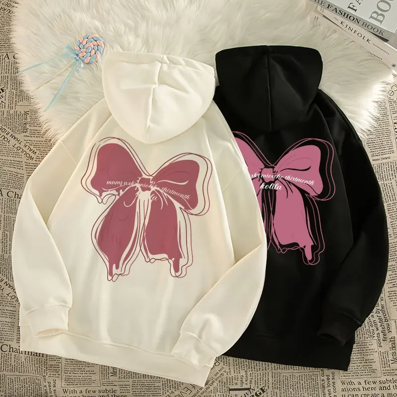 Women Cute Fresh Bow Hooded Pure Cotton Hoodie Printed Fashion  Autumn And Winter  Girls Outdoor Top High Quality  Streetwear