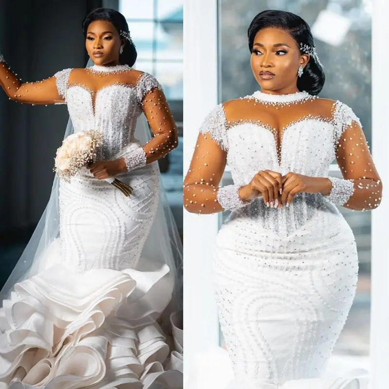 

Customized Plus Size Wedding Dresses Sheer Neck Illusion Long Sleeves Tulle Lace Bridal Gowns for African Nigeria Black