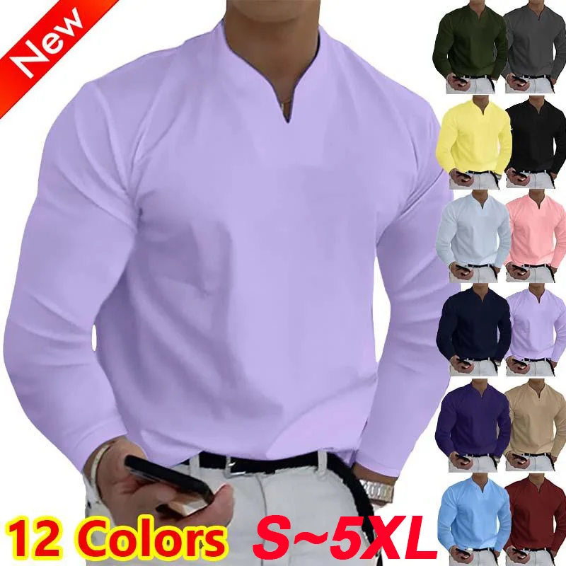 

Fashion Men's V-neck Shirt Top Solid Long Sleeve Shirt Sports Pullover Casual Polo Shirt T-shirt Plus Size S-5XL