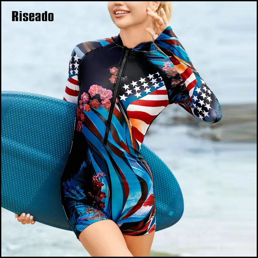 Womens Long Sleeve Rash Guard UV UPF 50+ Sun Protection Printed Zipper Surfing One Piece Swimsuit Bathing Suit with Boyshorts