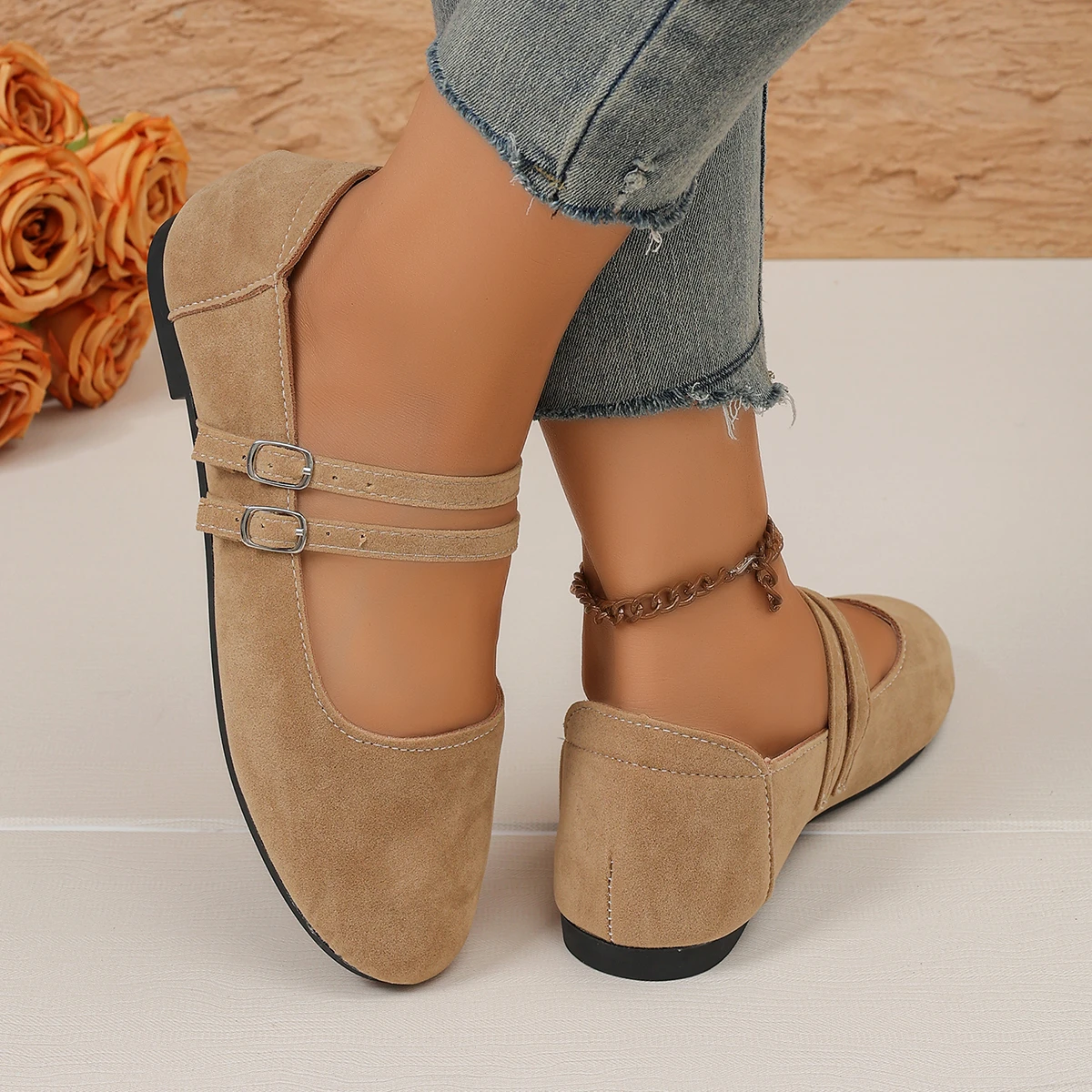 Damen Mary Jane Ballerinas mit doppeltem Riemen, runder Zehenpartie und weicher Sohle, Freizeitschuhe – Detail 6
