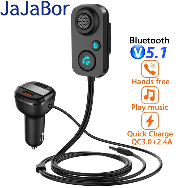 

JaJaBor Handsfree Bluetooth Car Kit Voice Assistant Dual USB QC3.0 Car Charger 3.5mm AUX Audio Receiver Bass Music MP3 player