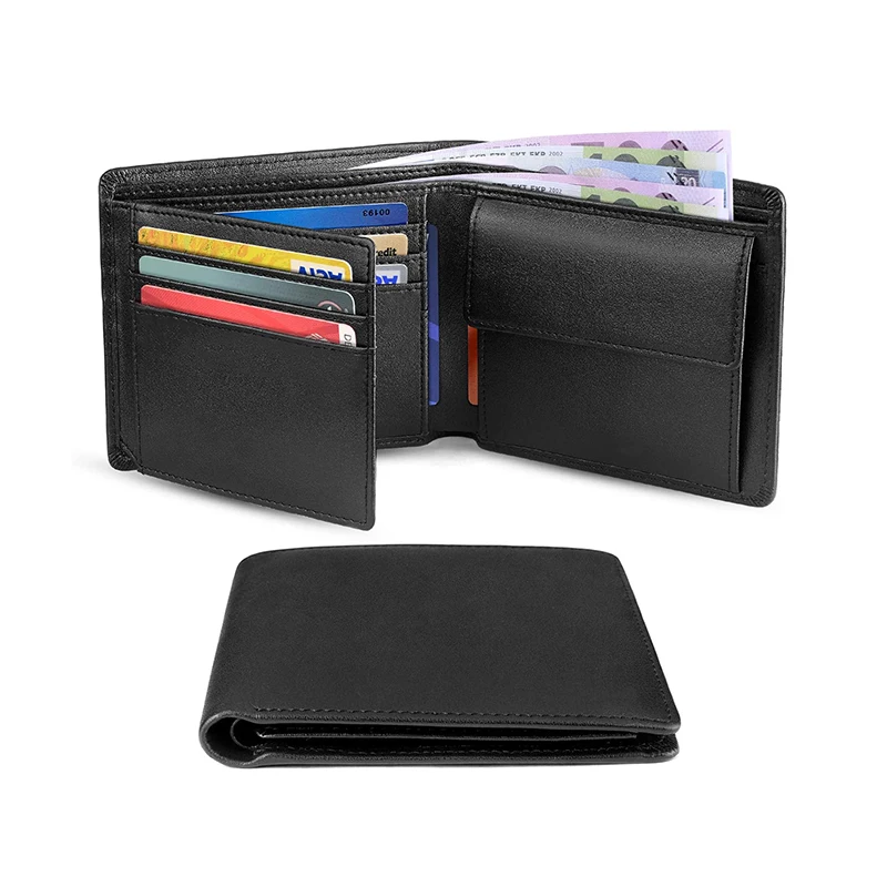 남성용 슬림 RFID 차단 정품 가죽 지갑, 동전 주머니 포함, 지폐 구획 2 개, 신용 카드 홀더 10 개