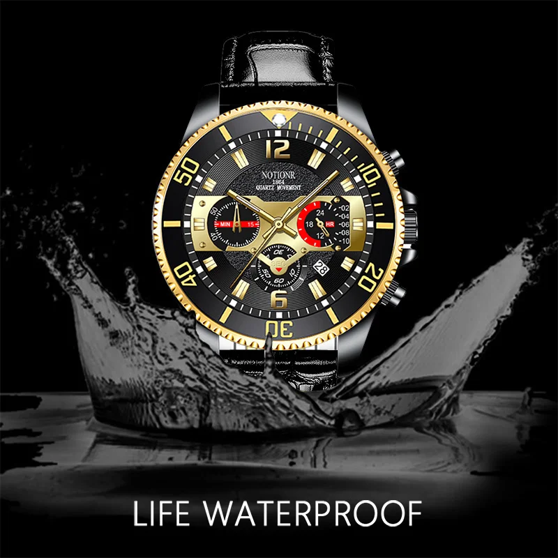 NOTIONR Fashion Mens Black Watches Men Luxury Sports Waterproof Quartz Wrist Watch Luminous Clock Man Business Leather Watch