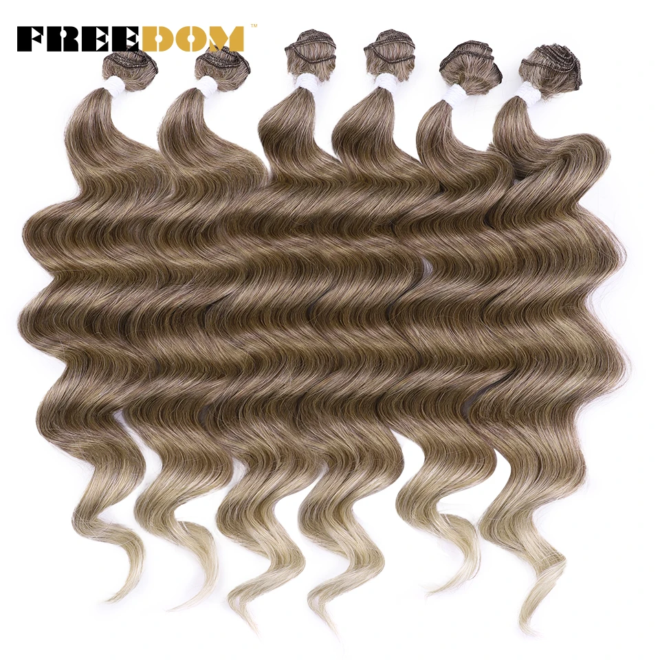 

FREEDOM Synthetic Deep Wave Hair Bundles Ponytail 24 Inch 6pcs Hair Weave Ombre Brown High Temperature Fiber Hair Extensions