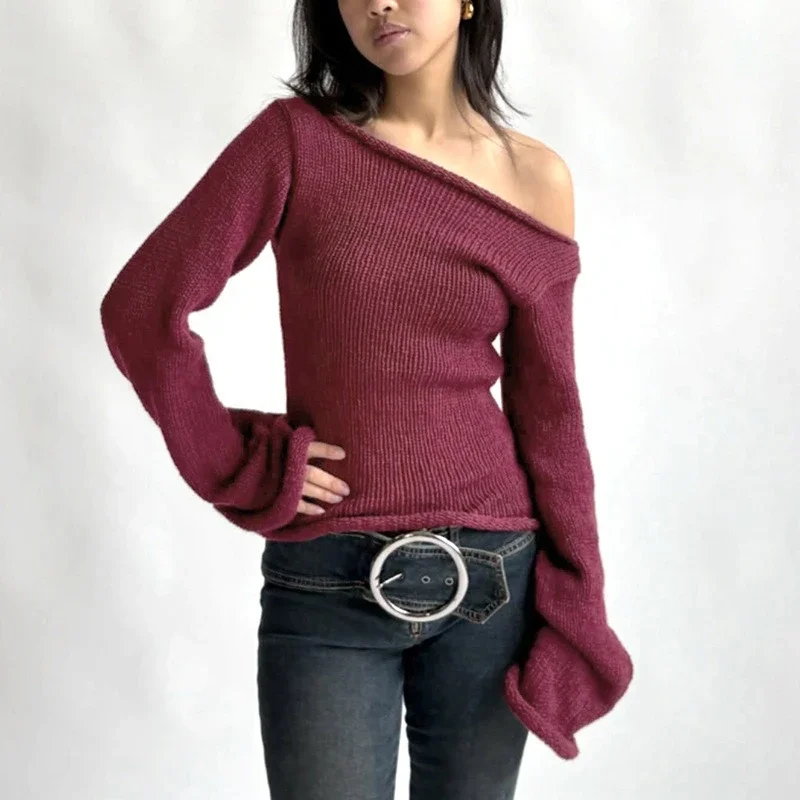 

Off-The-Shoulder Knitted Pullover Women's Elegant Slim-Fit Solid Long-Sleeved Top Autumn Fashion Casual Commuter Clothing